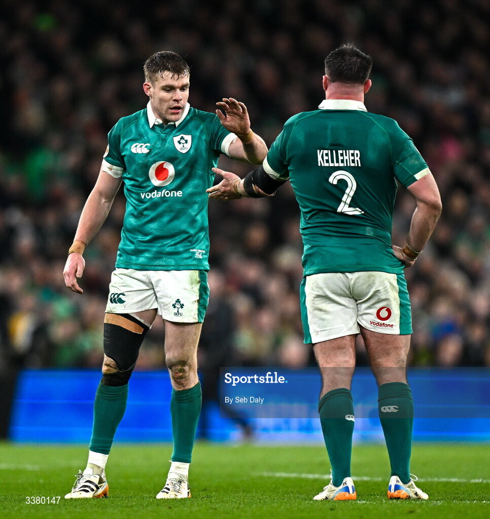 6 March 2026; Ireland players Garry Ringrose, left, and Rónan Kelleher during the Guinness 6 Nations Rugby Championship match between Ireland and Wales at the Aviva Stadium in Dublin. Photo by Seb Daly/Sportsfile