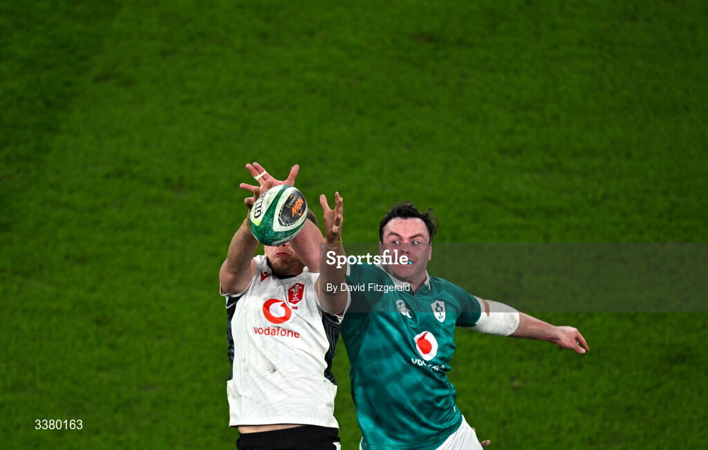 6 March 2026; James Ryan of Ireland and Alex Mann of Wales contest possession in a lineout during the Guinness 6 Nations Rugby Championship match between Ireland and Wales at the Aviva Stadium in Dublin. Photo by David Fitzgerald/Sportsfile