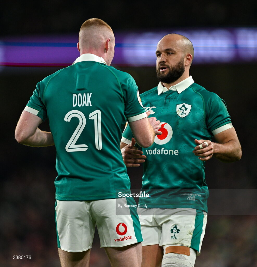 6 March 2026; Ireland players Jamison Gibson-Park, right, and Nathan Doak during the Guinness 6 Nations Rugby Championship match between Ireland and Wales at the Aviva Stadium in Dublin. Photo by Ramsey Cardy/Sportsfile