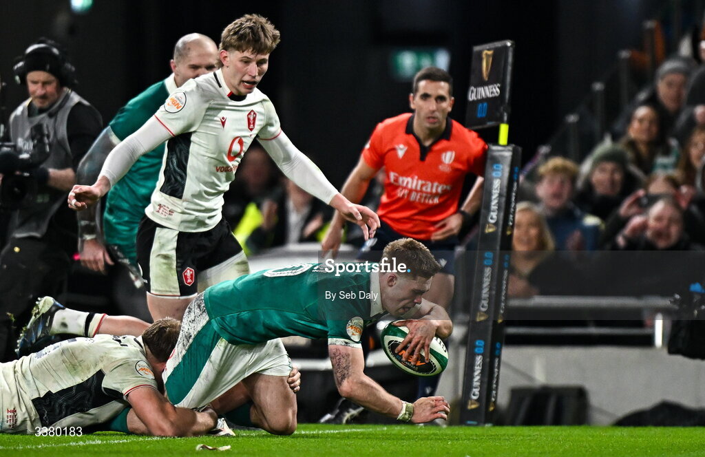 6 March 2026; Jack Crowley of Ireland scores his side's second try during the Guinness 6 Nations Rugby Championship match between Ireland and Wales at the Aviva Stadium in Dublin. Photo by Seb Daly/Sportsfile