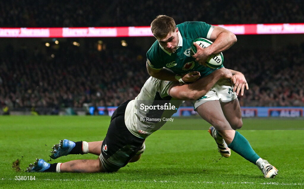6 March 2026; Jack Crowley of Ireland scores his side's second try during the Guinness 6 Nations Rugby Championship match between Ireland and Wales at the Aviva Stadium in Dublin. Photo by Ramsey Cardy/Sportsfile