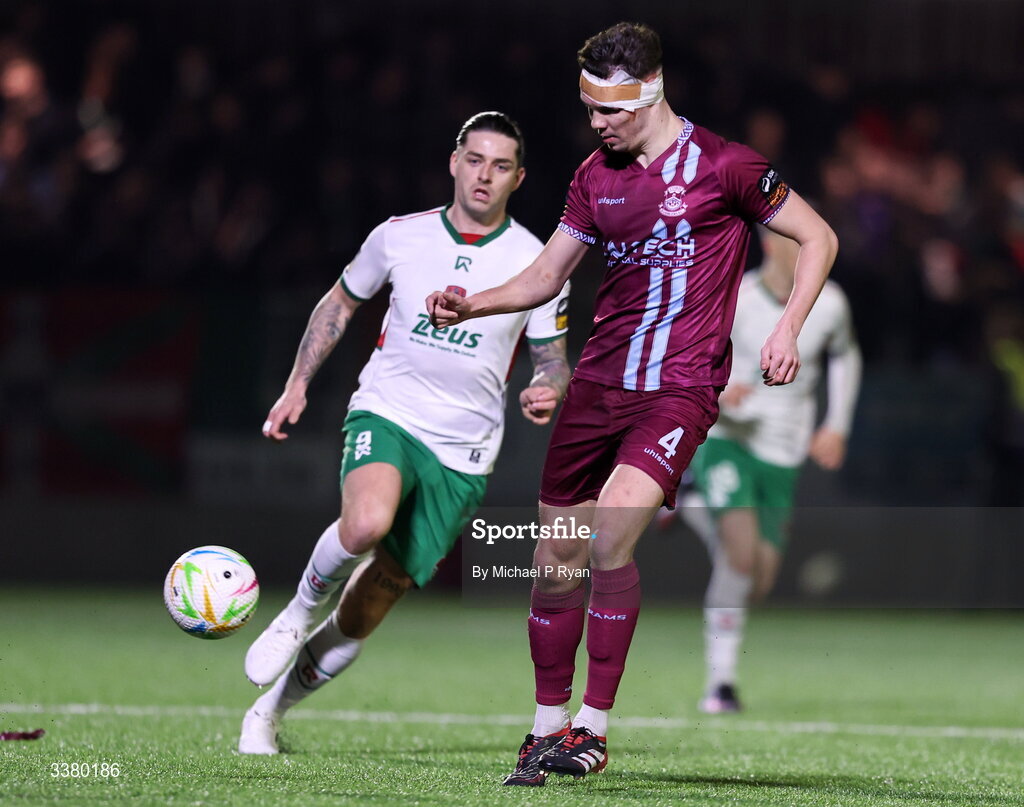 6 March 2026; Cian Coleman of Cobh Ramblers in action against Ruairí Keating of Cork City during the SSE Airtricity Men's First Division match between Cobh Ramblers and Cork City at St Colman's Park in Cobh, Cork. Photo by Michael P Ryan/Sportsfile