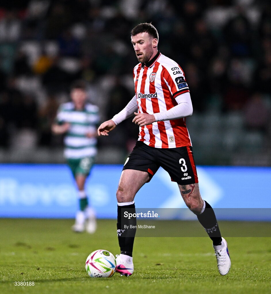 6 March 2026; Patrick McClean of Derry City during the SSE Airtricity Men's Premier Division match between Shamrock Rovers and Derry City at Tallaght Stadium in Dublin. Photo by Ben McShane/Sportsfile