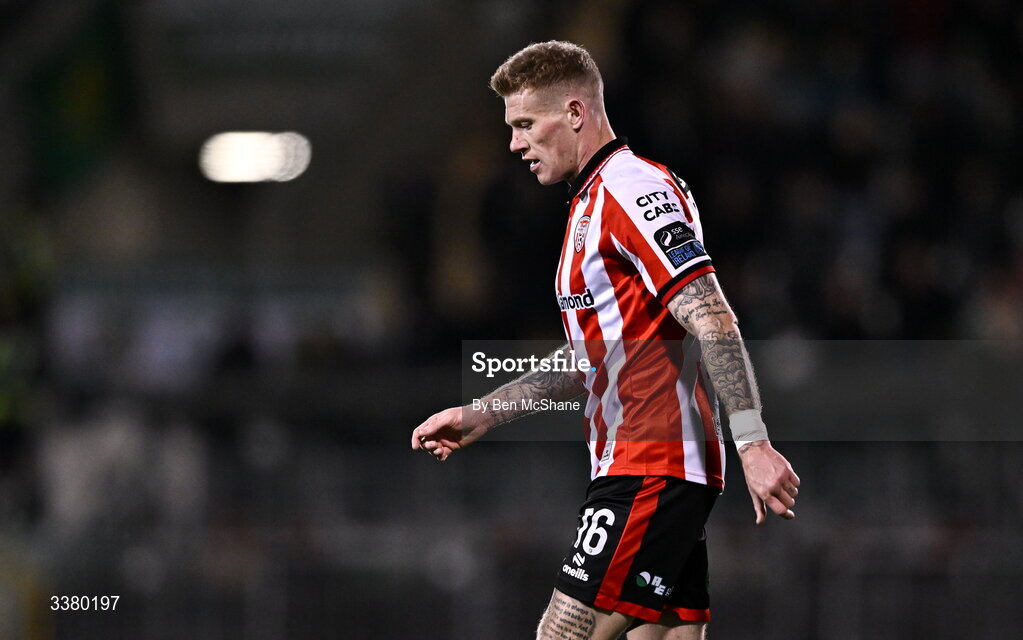 6 March 2026; James McClean of Derry City reacts during the SSE Airtricity Men's Premier Division match between Shamrock Rovers and Derry City at Tallaght Stadium in Dublin. Photo by Ben McShane/Sportsfile