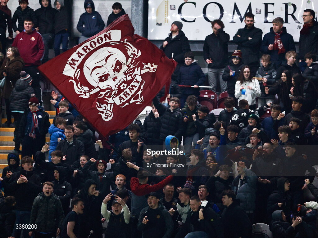 6 March 2026; Galway United supporters celebrate their side's first goal during the SSE Airtricity Men's Premier Division match between Galway United and Dundalk at Eamonn Deacy Park in Galway. Photo by Thomas Flinkow/Sportsfile