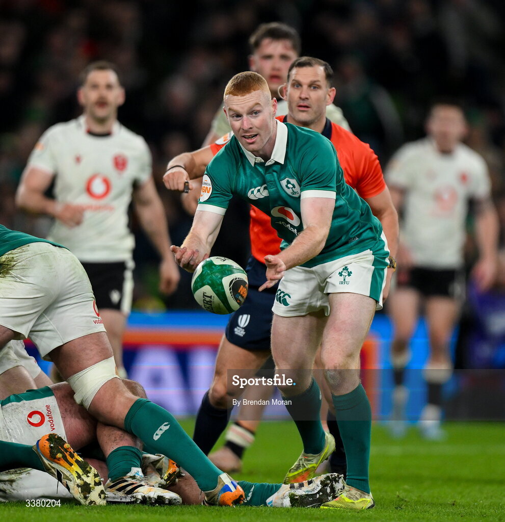 6 March 2026; Nathan Doak of Ireland during the Guinness 6 Nations Rugby Championship match between Ireland and Wales at the Aviva Stadium in Dublin. Photo by Brendan Moran/Sportsfile