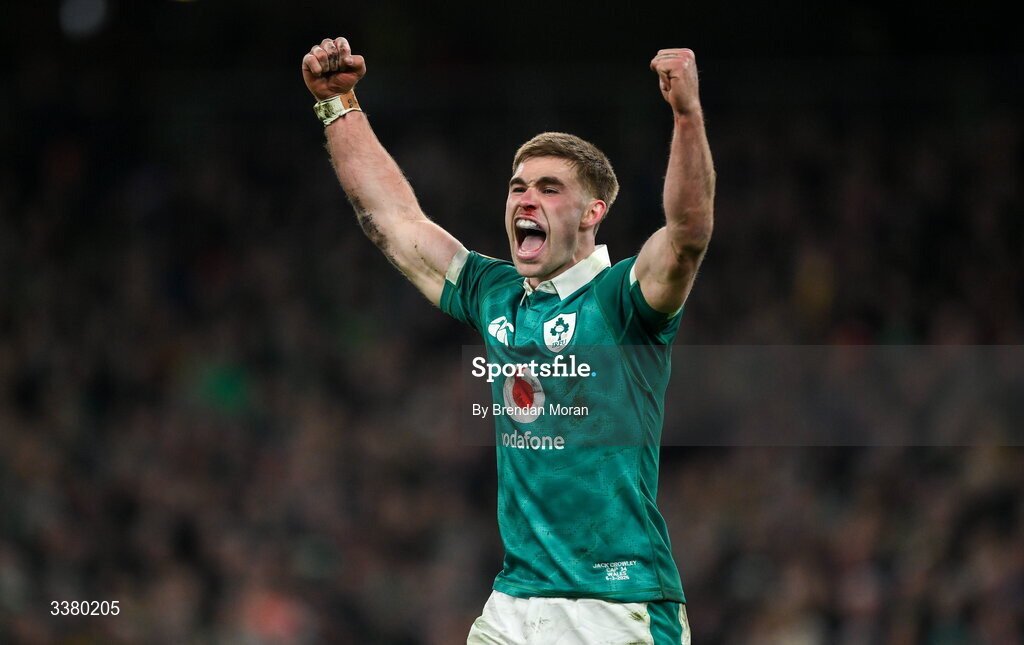 6 March 2026; Jack Crowley of Ireland celebrates winning a turnover during the Guinness 6 Nations Rugby Championship match between Ireland and Wales at the Aviva Stadium in Dublin. Photo by Brendan Moran/Sportsfile