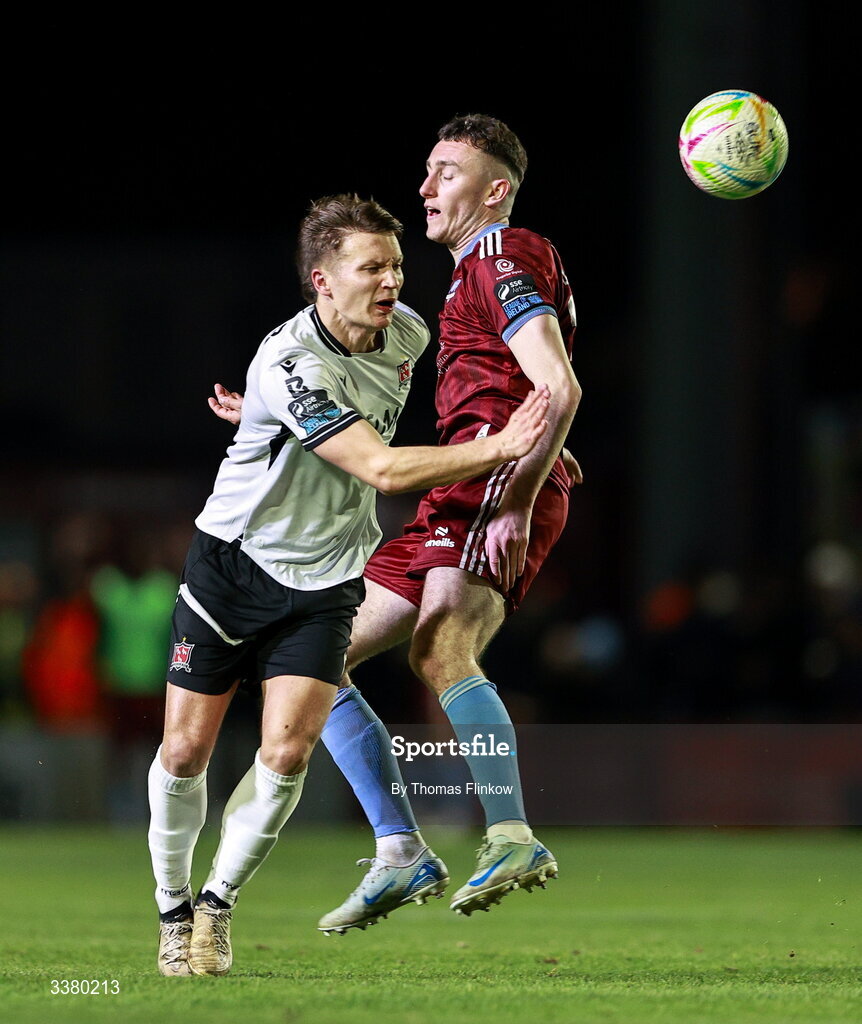 6 March 2026; John Ross Wilson of Dundalk is fouled by Lee Devitt of Galway United during the SSE Airtricity Men's Premier Division match between Galway United and Dundalk at Eamonn Deacy Park in Galway. Photo by Thomas Flinkow/Sportsfile