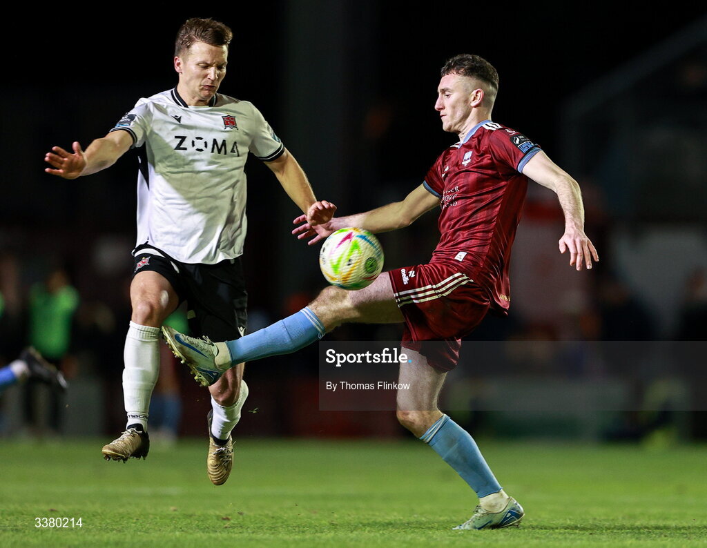 6 March 2026; John Ross Wilson of Dundalk in action against Lee Devitt of Galway United during the SSE Airtricity Men's Premier Division match between Galway United and Dundalk at Eamonn Deacy Park in Galway. Photo by Thomas Flinkow/Sportsfile