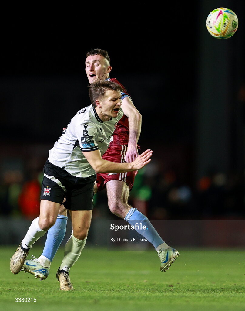 6 March 2026; John Ross Wilson of Dundalk in action against Lee Devitt of Galway United during the SSE Airtricity Men's Premier Division match between Galway United and Dundalk at Eamonn Deacy Park in Galway. Photo by Thomas Flinkow/Sportsfile