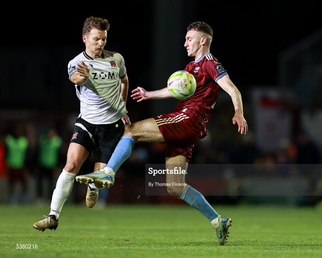 6 March 2026; John Ross Wilson of Dundalk in action against Lee Devitt of Galway United during the SSE Airtricity Men's Premier Division match between Galway United and Dundalk at Eamonn Deacy Park in Galway. Photo by Thomas Flinkow/Sportsfile