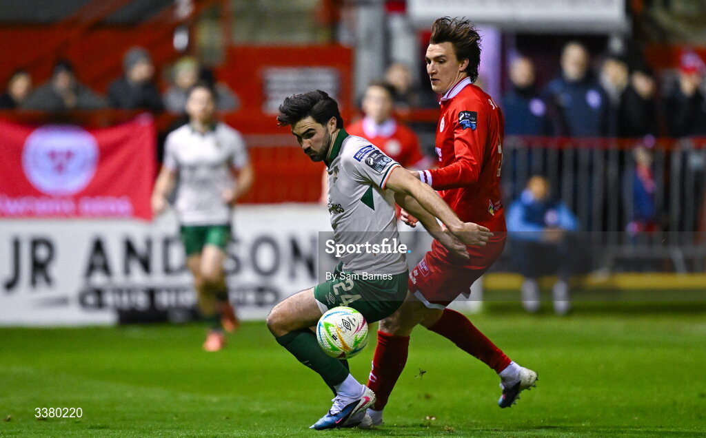 6 March 2026; Luke Turner of St Patrick's Athletic in action against Sean Boyd of Shelbourne during the SSE Airtricity Men's Premier Division match between Shelbourne and St Patrick's Athletic at Tolka Park in Dublin. Photo by Sam Barnes/Sportsfile