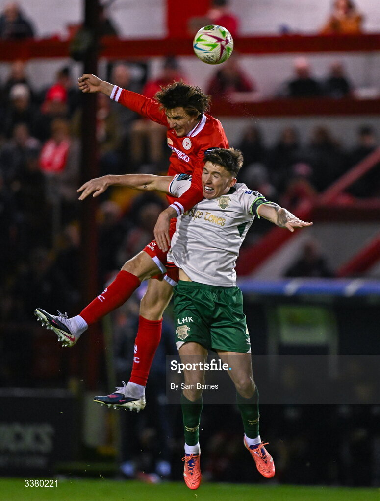 6 March 2026; Sean Boyd of Shelbourne in action against Joe Redmond of St Patrick's Athletic during the SSE Airtricity Men's Premier Division match between Shelbourne and St Patrick's Athletic at Tolka Park in Dublin. Photo by Sam Barnes/Sportsfile