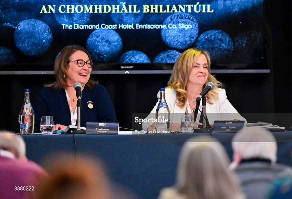 6 March 2026; LGFA president Trina Murray, left, and LGFA chief executive officer Helen O'Rourke during day one of the LGFA Annual Congress at the Diamond Coast Hotel in Sligo. Photo by Piaras Ó Mídheach/Sportsfile