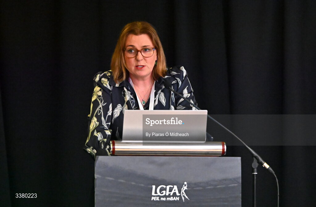 6 March 2026; LGFA National Finance Officer Barbara Rossiter speaking during day one of the LGFA Annual Congress at the Diamond Coast Hotel in Sligo. Photo by Piaras Ó Mídheach/Sportsfile