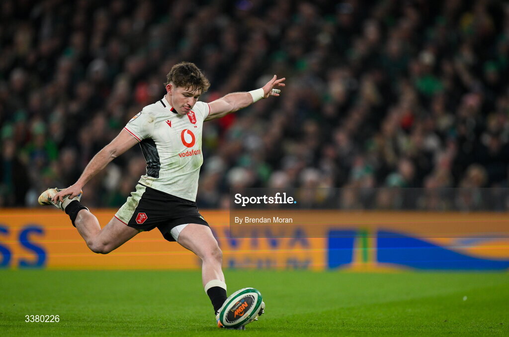 6 March 2026; Dan Edwards of Wales kicks a penalty during the Guinness 6 Nations Rugby Championship match between Ireland and Wales at the Aviva Stadium in Dublin. Photo by Brendan Moran/Sportsfile