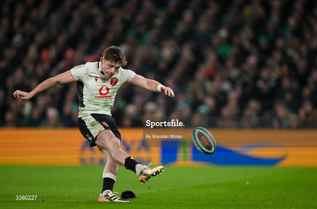 6 March 2026; Dan Edwards of Wales kicks a penalty during the Guinness 6 Nations Rugby Championship match between Ireland and Wales at the Aviva Stadium in Dublin. Photo by Brendan Moran/Sportsfile