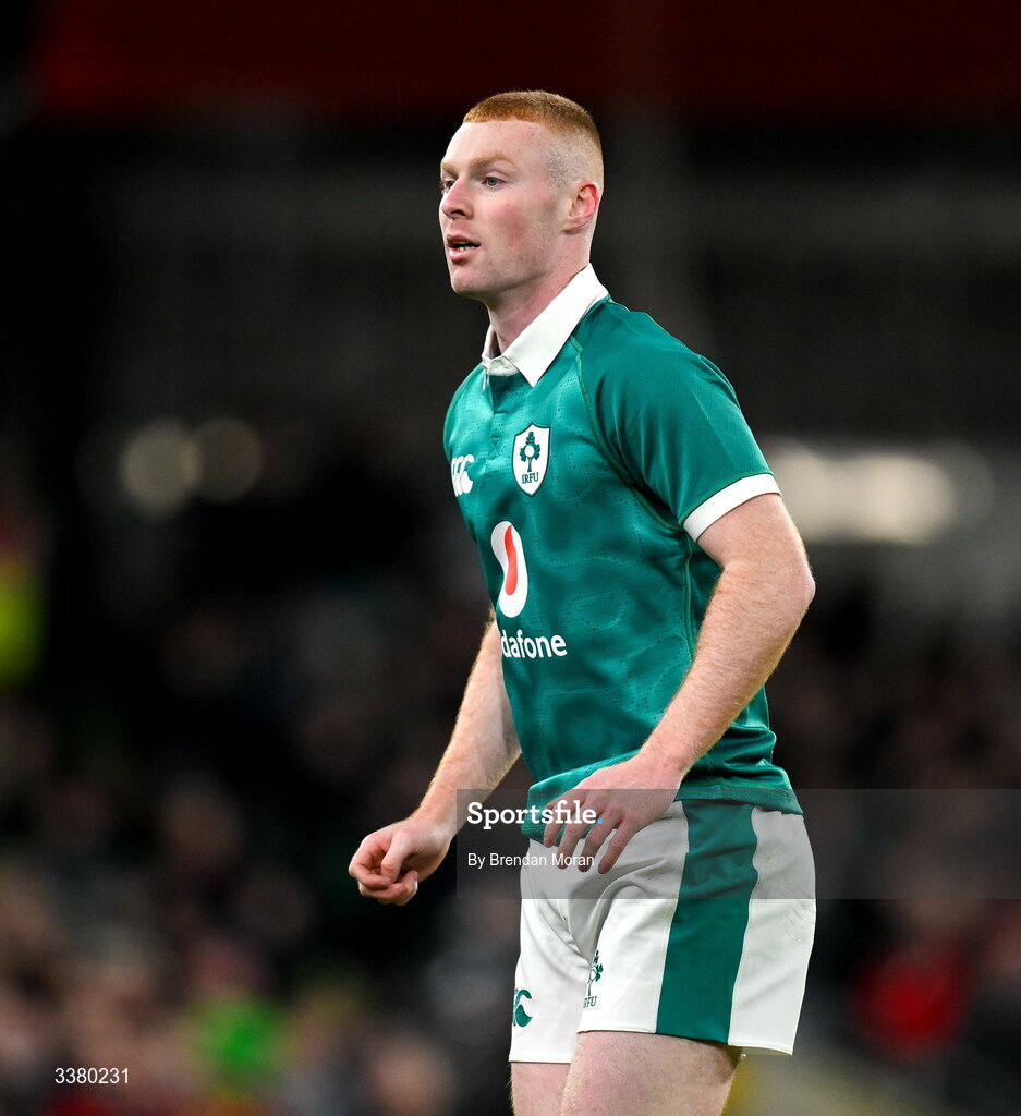 6 March 2026; Nathan Doak of Ireland during the Guinness 6 Nations Rugby Championship match between Ireland and Wales at the Aviva Stadium in Dublin. Photo by Brendan Moran/Sportsfile