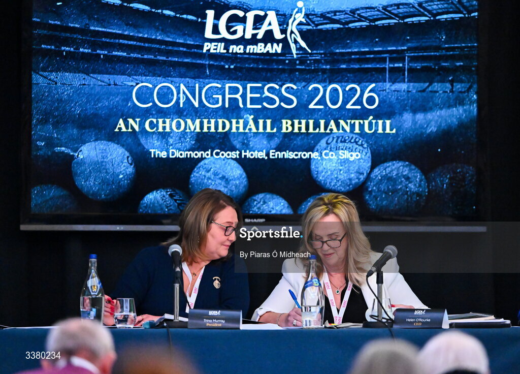 6 March 2026; LGFA president Trina Murray, left, and LGFA chief executive officer Helen O'Rourke during day one of the LGFA Annual Congress at the Diamond Coast Hotel in Sligo. Photo by Piaras Ó Mídheach/Sportsfile