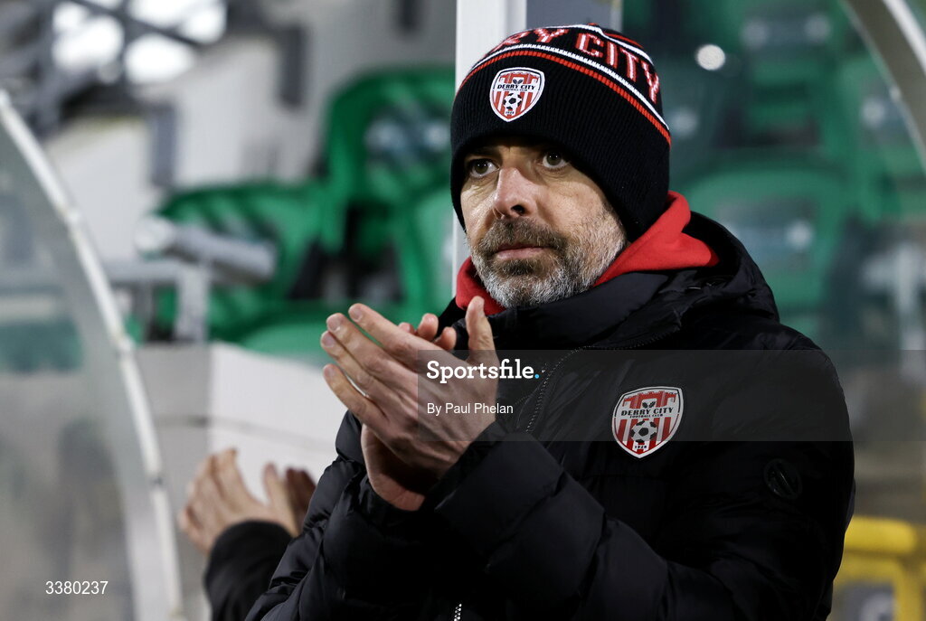 6 March 2026; Derry City manager Tiernan Lynch claps before the SSE Airtricity Men's Premier Division match between Shamrock Rovers and Derry City at Tallaght Stadium in Dublin. Photo by Paul Phelan/Sportsfile