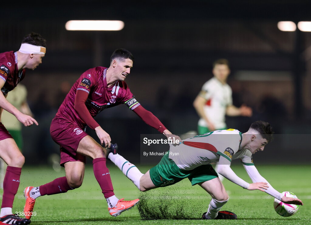 6 March 2026; Cillian Murphy of Cork City is tackled by Shane Griffin of Cobh Ramblers during the SSE Airtricity Men's First Division match between Cobh Ramblers and Cork City at St Colman's Park in Cobh, Cork. Photo by Michael P Ryan/Sportsfile