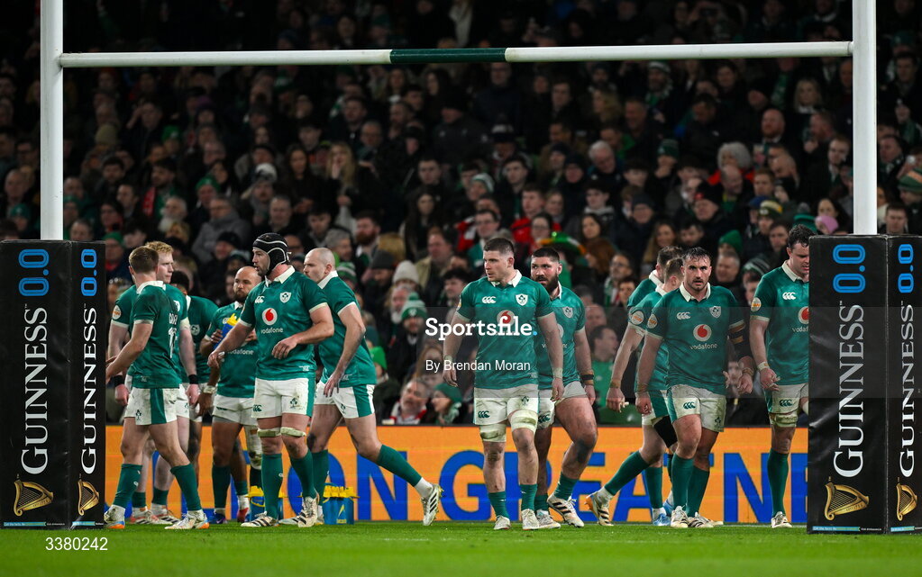 6 March 2026; Ireland players after conceding a try during the Guinness 6 Nations Rugby Championship match between Ireland and Wales at the Aviva Stadium in Dublin. Photo by Brendan Moran/Sportsfile