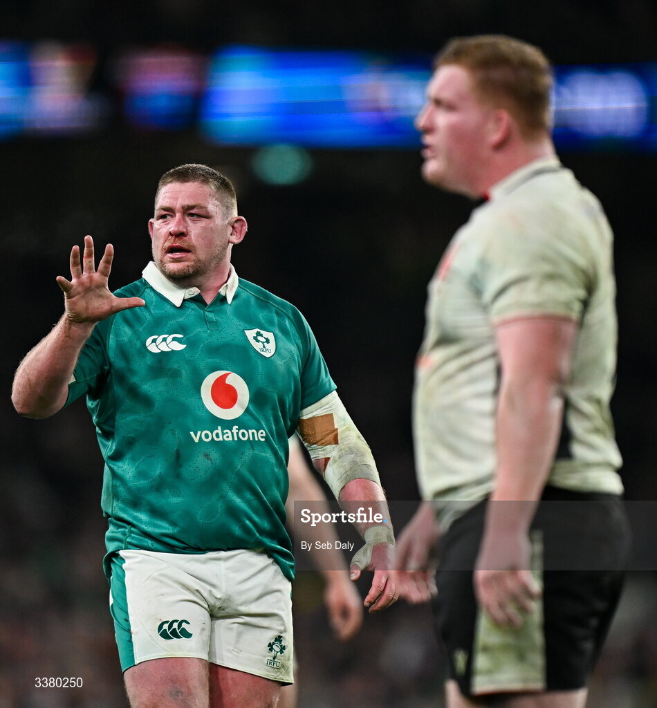 6 March 2026; Tadhg Furlong of Ireland during the Guinness 6 Nations Rugby Championship match between Ireland and Wales at the Aviva Stadium in Dublin. Photo by Seb Daly/Sportsfile