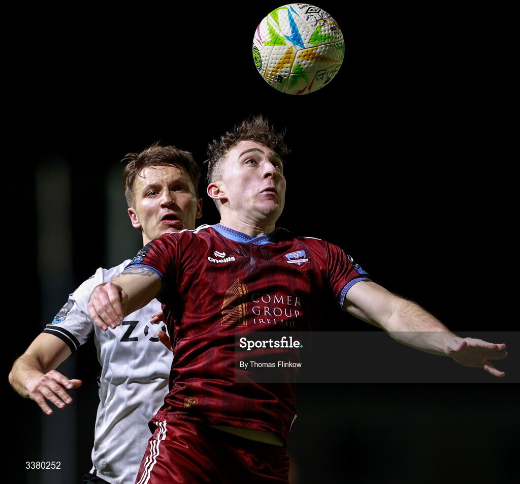 6 March 2026; Edward McCarthy of Galway United in action against John Ross Wilson of Dundalk during the SSE Airtricity Men's Premier Division match between Galway United and Dundalk at Eamonn Deacy Park in Galway. Photo by Thomas Flinkow/Sportsfile