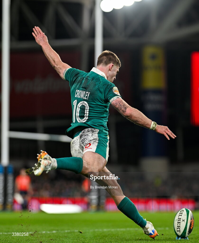 6 March 2026; Jack Crowley of Ireland kicks a conversion during the Guinness 6 Nations Rugby Championship match between Ireland and Wales at the Aviva Stadium in Dublin. Photo by Brendan Moran/Sportsfile