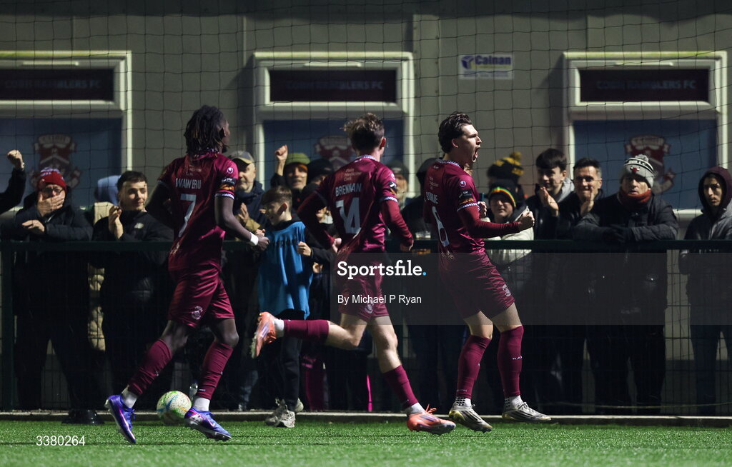 6 March 2026; Rhys Gourdie of Cobh Ramblers, right,  celebrates after scoring his side's first goal, a penalty, during the SSE Airtricity Men's First Division match between Cobh Ramblers and Cork City at St Colman's Park in Cobh, Cork. Photo by Michael P Ryan/Sportsfile