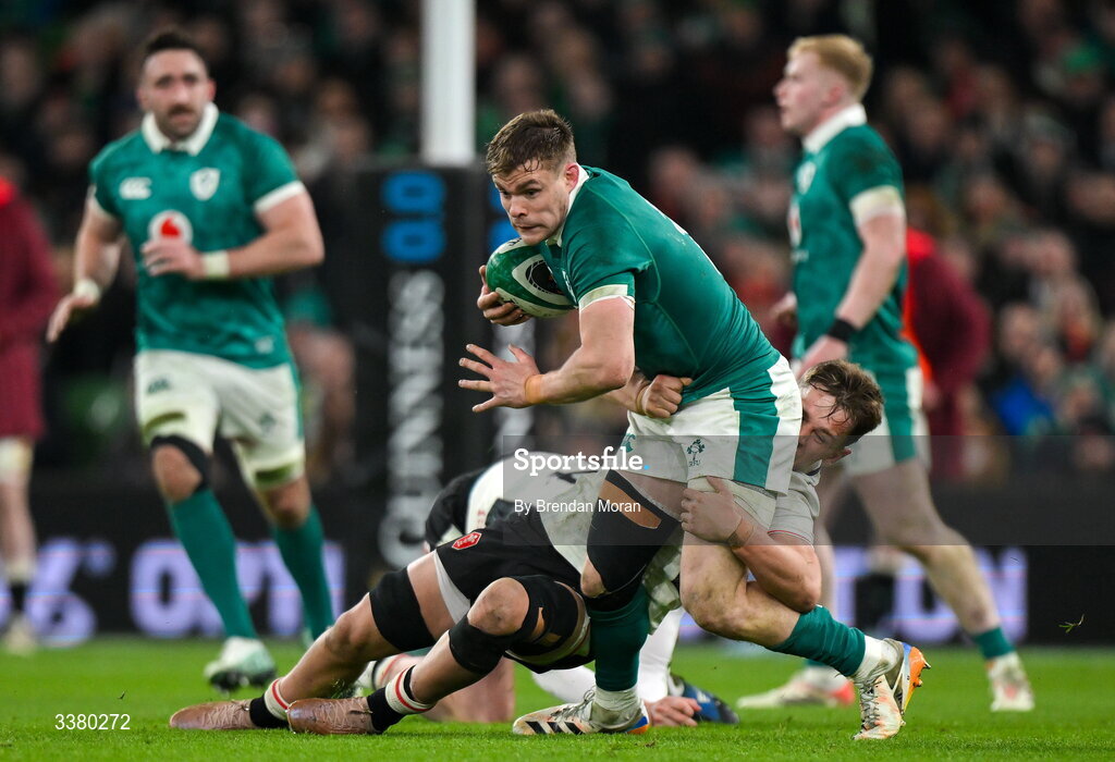 6 March 2026; Garry Ringrose of Ireland makes a break during the Guinness 6 Nations Rugby Championship match between Ireland and Wales at the Aviva Stadium in Dublin. Photo by Brendan Moran/Sportsfile