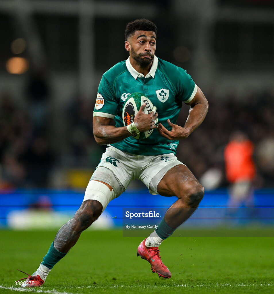 6 March 2026; Robert Baloucoune of Ireland during the Guinness 6 Nations Rugby Championship match between Ireland and Wales at the Aviva Stadium in Dublin. Photo by Ramsey Cardy/Sportsfile