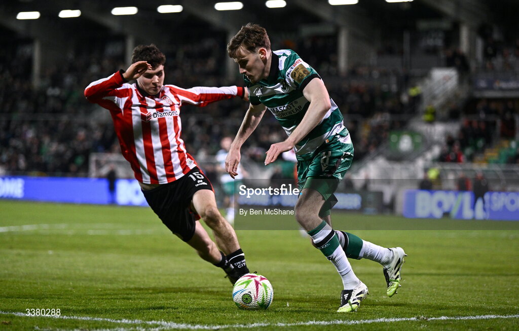 6 March 2026; Matt Healy of Shamrock Rovers in action against James Clarke of Derry City during the SSE Airtricity Men's Premier Division match between Shamrock Rovers and Derry City at Tallaght Stadium in Dublin. Photo by Ben McShane/Sportsfile