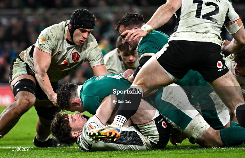 6 March 2026; Jack Conan of Ireland scores his side's third try during the Guinness 6 Nations Rugby Championship match between Ireland and Wales at the Aviva Stadium in Dublin. Photo by Seb Daly/Sportsfile