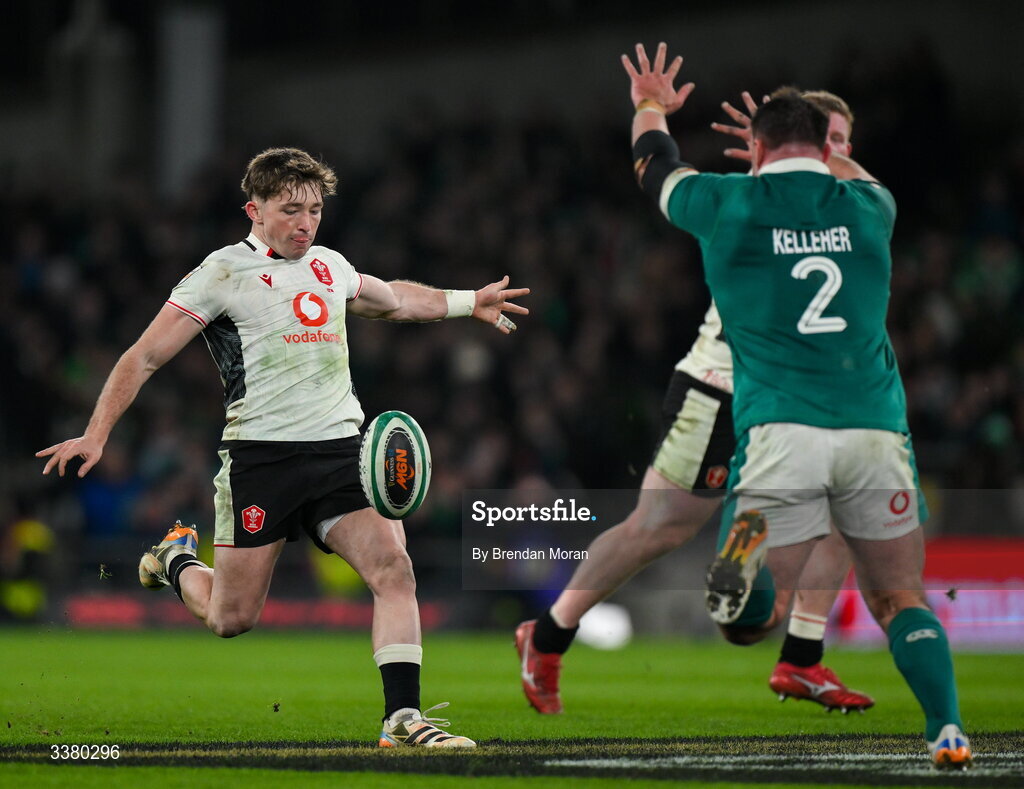6 March 2026; Dan Edwards of Wales in action against Rónan Kelleher of Ireland during the Guinness 6 Nations Rugby Championship match between Ireland and Wales at the Aviva Stadium in Dublin. Photo by Brendan Moran/Sportsfile