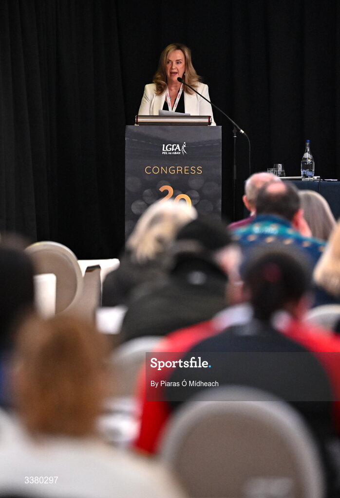 6 March 2026; LGFA chief executive officer Helen O'Rourke during day one of the LGFA Annual Congress at the Diamond Coast Hotel in Sligo. Photo by Piaras Ó Mídheach/Sportsfile