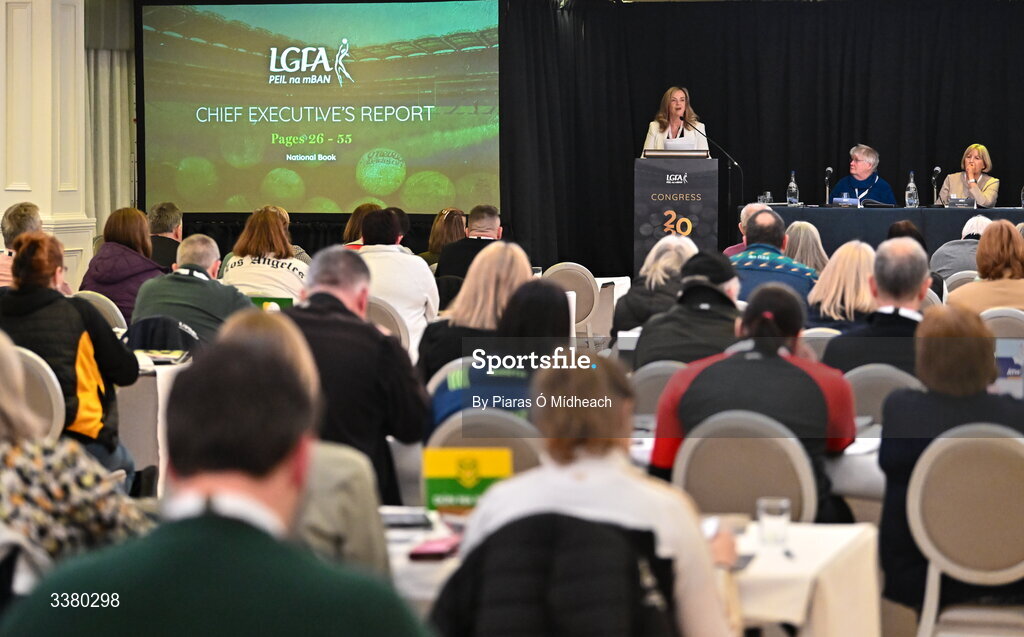 6 March 2026; LGFA chief executive officer Helen O'Rourke during day one of the LGFA Annual Congress at the Diamond Coast Hotel in Sligo. Photo by Piaras Ó Mídheach/Sportsfile