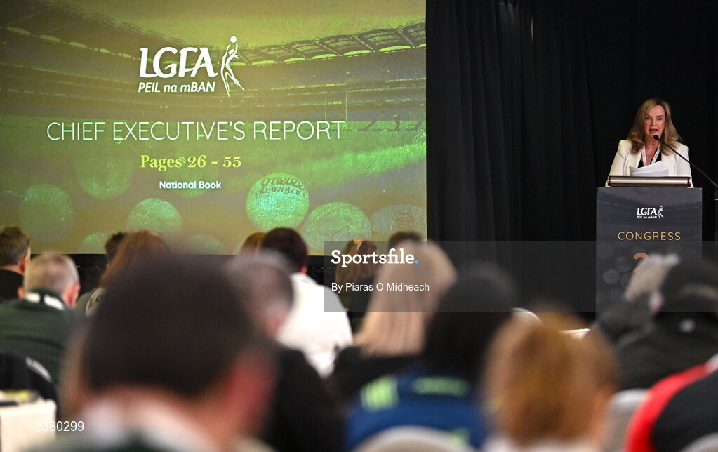 6 March 2026; LGFA chief executive officer Helen O'Rourke during day one of the LGFA Annual Congress at the Diamond Coast Hotel in Sligo. Photo by Piaras Ó Mídheach/Sportsfile