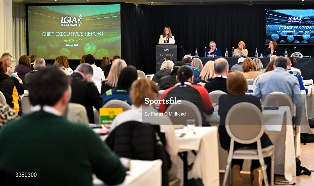 6 March 2026; LGFA chief executive officer Helen O'Rourke during day one of the LGFA Annual Congress at the Diamond Coast Hotel in Sligo. Photo by Piaras Ó Mídheach/Sportsfile