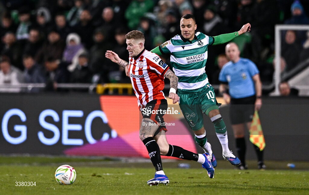 6 March 2026; James McClean of Derry City in action against Graham Burke of Shamrock Rovers during the SSE Airtricity Men's Premier Division match between Shamrock Rovers and Derry City at Tallaght Stadium in Dublin. Photo by Ben McShane/Sportsfile