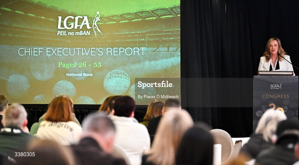 6 March 2026; LGFA chief executive officer Helen O'Rourke during day one of the LGFA Annual Congress at the Diamond Coast Hotel in Sligo. Photo by Piaras Ó Mídheach/Sportsfile