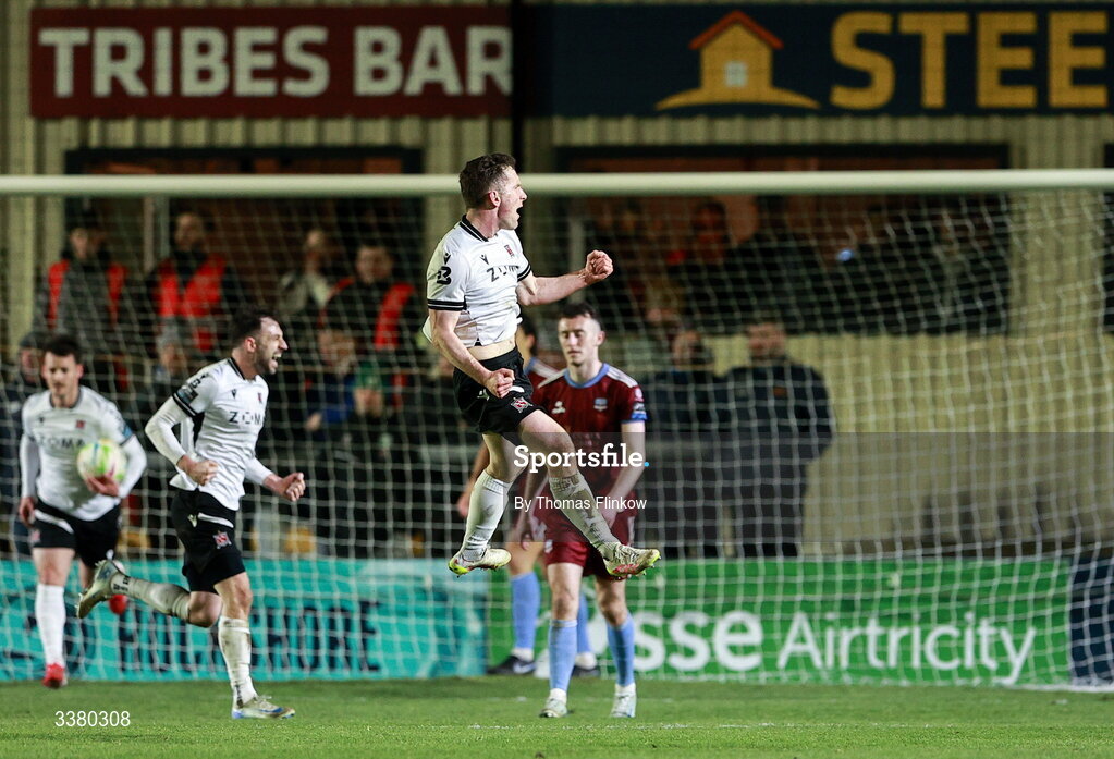 6 March 2026; Robert Burns of Dundalk celebrates after scoring his side's second goal during the SSE Airtricity Men's Premier Division match between Galway United and Dundalk at Eamonn Deacy Park in Galway. Photo by Thomas Flinkow/Sportsfile