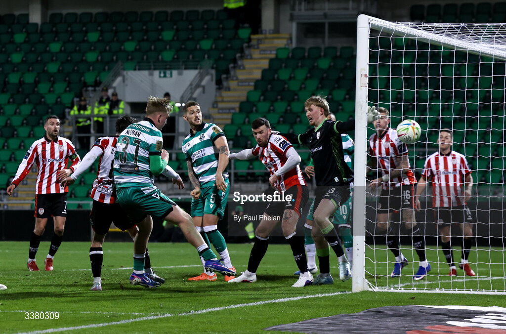 6 March 2026; Michael Noonan of Shamrock Rovers heads wide during the SSE Airtricity Men's Premier Division match between Shamrock Rovers and Derry City at Tallaght Stadium in Dublin. Photo by Paul Phelan/Sportsfile