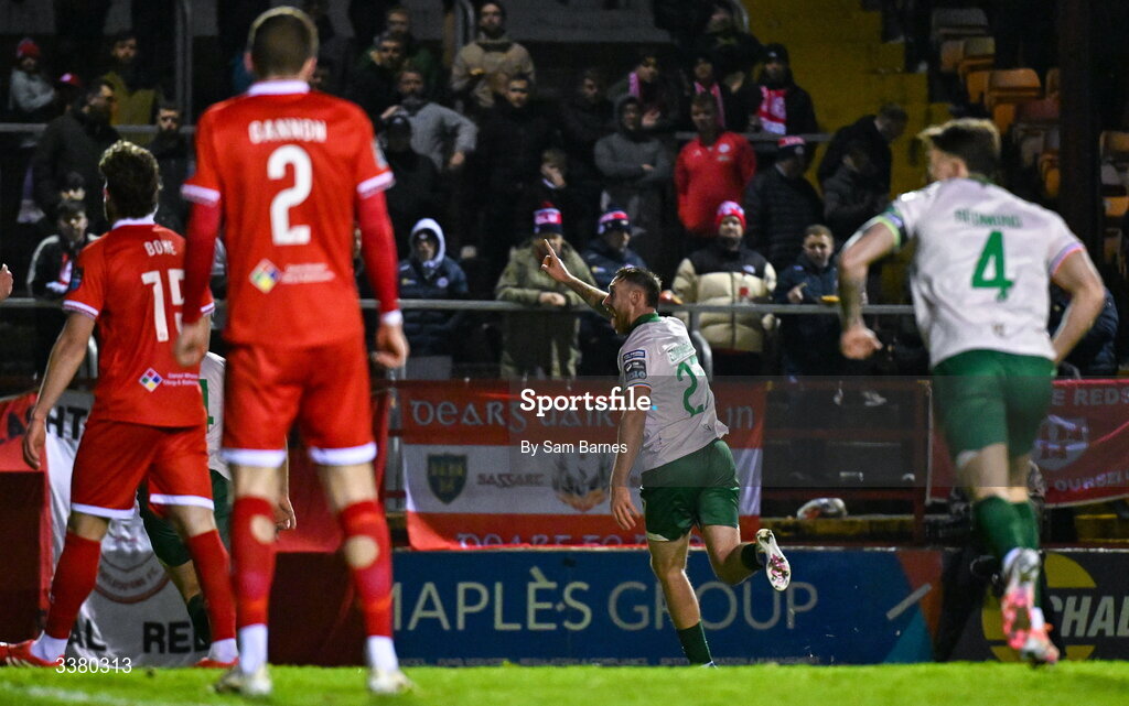 6 March 2026; Ryan Edmondson of St Patrick's Athletic celebrates after scoring his side's first goal during the SSE Airtricity Men's Premier Division match between Shelbourne and St Patrick's Athletic at Tolka Park in Dublin. Photo by Sam Barnes/Sportsfile