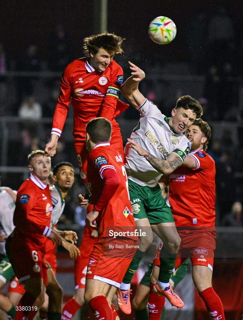 6 March 2026; Sean Boyd of Shelbourne in action against Joe Redmond of St Patrick's Athletic during the SSE Airtricity Men's Premier Division match between Shelbourne and St Patrick's Athletic at Tolka Park in Dublin. Photo by Sam Barnes/Sportsfile