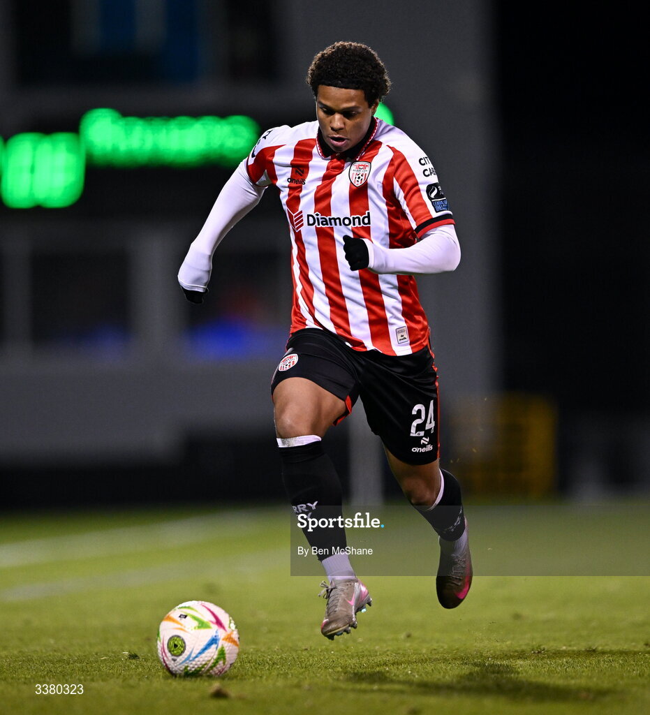 6 March 2026; Henry Rylah of Derry City during the SSE Airtricity Men's Premier Division match between Shamrock Rovers and Derry City at Tallaght Stadium in Dublin. Photo by Ben McShane/Sportsfile