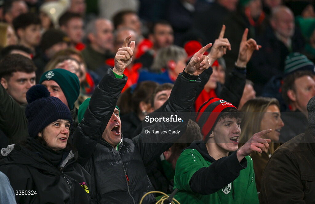 6 March 2026; Ireland supporters during the Guinness 6 Nations Rugby Championship match between Ireland and Wales at the Aviva Stadium in Dublin. Photo by Ramsey Cardy/Sportsfile
