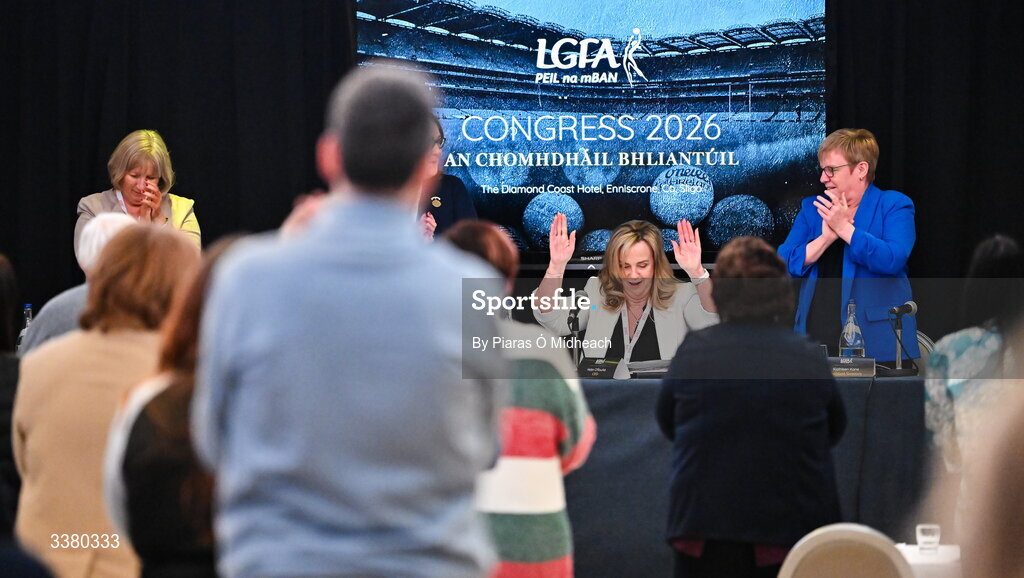 6 March 2026; Outgoing LGFA chief executive officer Helen O'Rourke acknowledges a standing ovation for her after giving her final report after 28 years in the role during day one of the LGFA Annual Congress at the Diamond Coast Hotel in Sligo. Photo by Piaras Ó Mídheach/Sportsfile