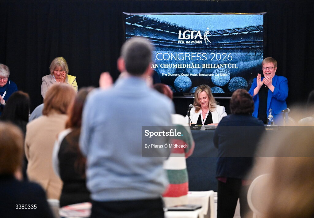 6 March 2026; Outgoing LGFA chief executive officer Helen O'Rourke during a standing ovation for her after giving her final report after 28 years in the role during day one of the LGFA Annual Congress at the Diamond Coast Hotel in Sligo. Photo by Piaras Ó Mídheach/Sportsfile