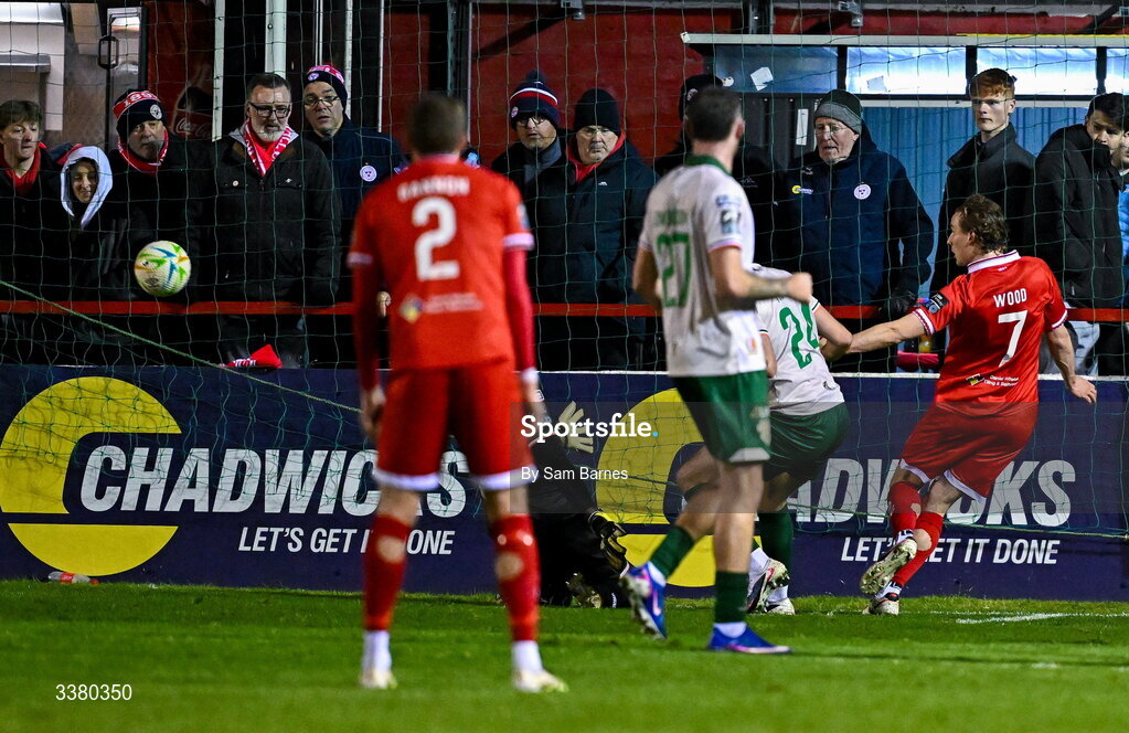 6 March 2026; Harry Wood of Shelbourne scores his side's first goal during the SSE Airtricity Men's Premier Division match between Shelbourne and St Patrick's Athletic at Tolka Park in Dublin. Photo by Sam Barnes/Sportsfile